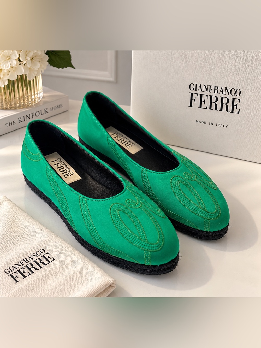 Gianfranco Ferré Green Embroidered Espadrille Flats Shoes EU 37 US 6.5 NEW